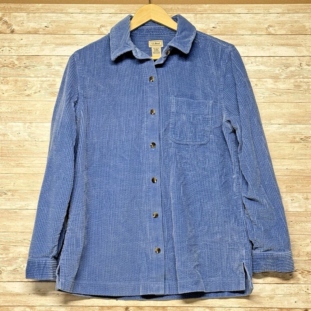 LL Bean Womens M Thick Wide Wale Corduroy Navy Blue Chore Shirt Jacket QT 22